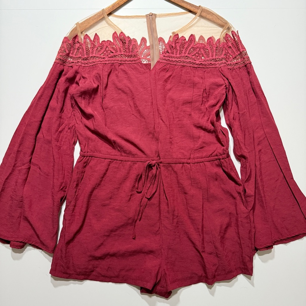 NWT Tea & Cup Women's Bell Sleeve Burgundy Romper, Size M